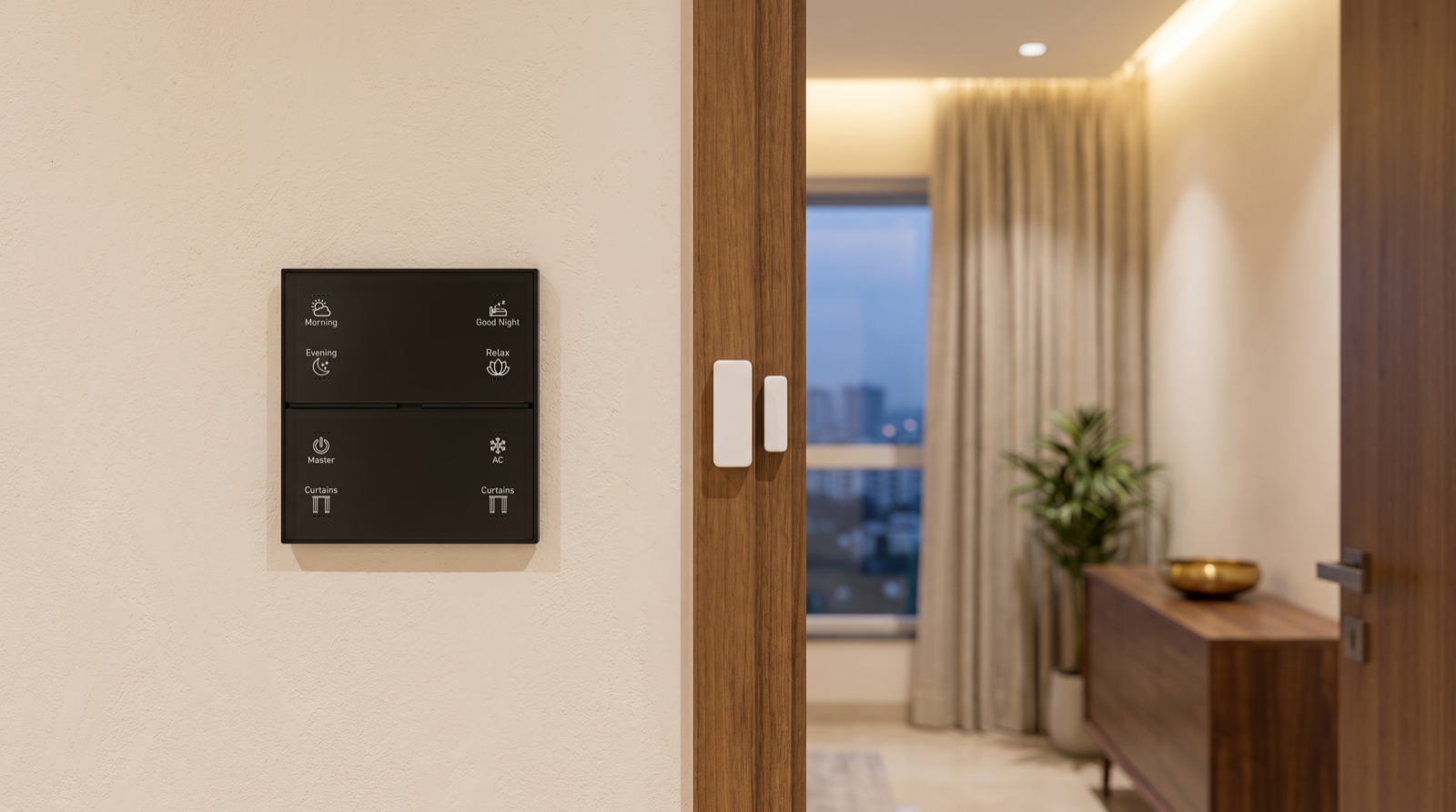 A Pert Stella matte-black square glass wall keypad with backlit, engraved Morning, Evening, Good Night, Relax, Master, AC and Curtains buttons on a warm plaster wall, beside a small white battery-powered door contact sensor on a wooden door frame, with a softly lit Hyderabad apartment behind: cove lighting, sheer motorised curtains and an evening city skyline