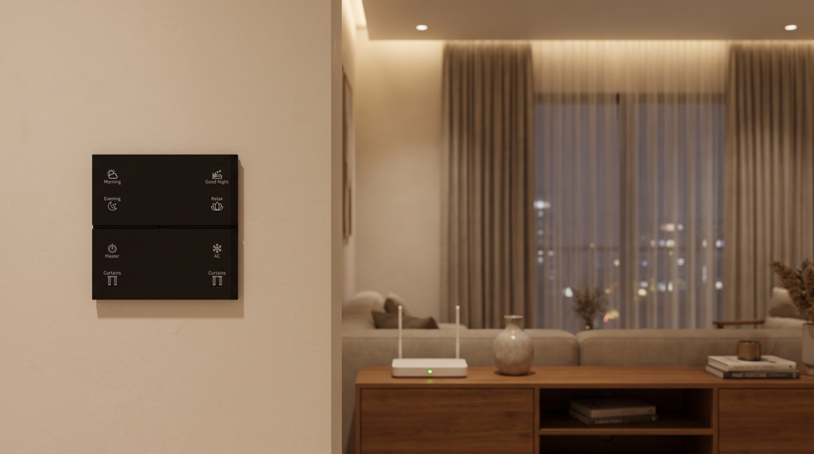 A Pert Stella matte-black square wall keypad with engraved, backlit Morning, Evening, Good Night, Relax, Master, AC and Curtains buttons on the wall of a calm Hyderabad living room, with a small unbranded Wi-Fi router on a console shelf, warm dimmed lighting and motorised curtains in the soft-focus background