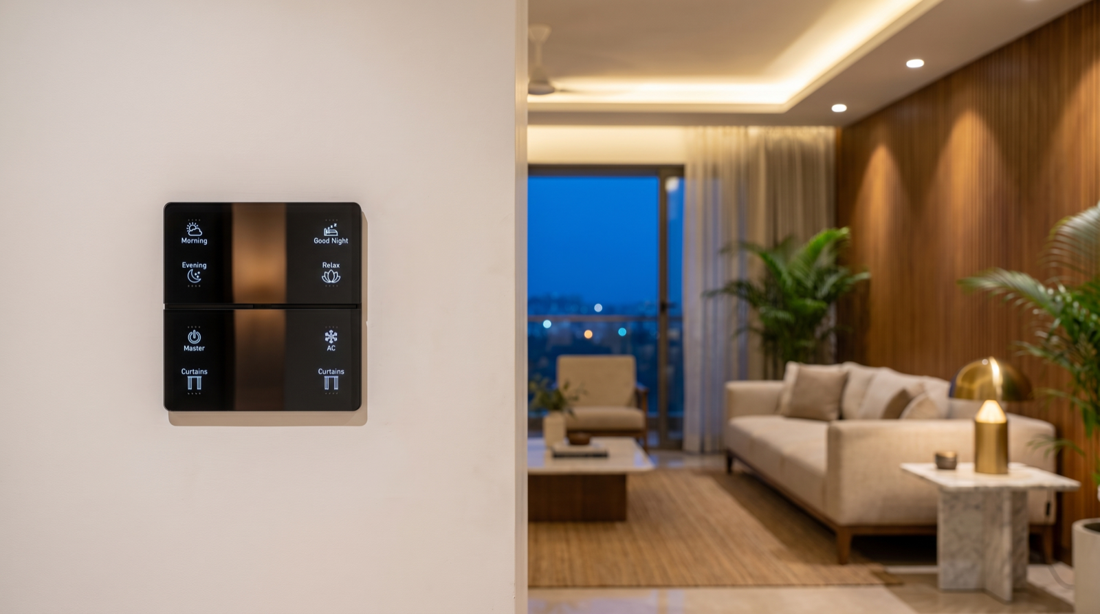 A Pert Stella matte-black glass wall keypad in sharp focus, mounted at switchboard height on a plain plastered wall beside the entry of a premium Hyderabad living room, its two stacked plates carrying engraved and softly backlit Morning, Good Night, Evening, Relax, Master, AC and Curtains scene buttons, with a warm cove glow along the stepped false ceiling, dimmed downlights washing a fluted teak panel, an oatmeal sofa, jute rug and sheer curtains on the balcony glazing against a deep blue dusk sky beyond