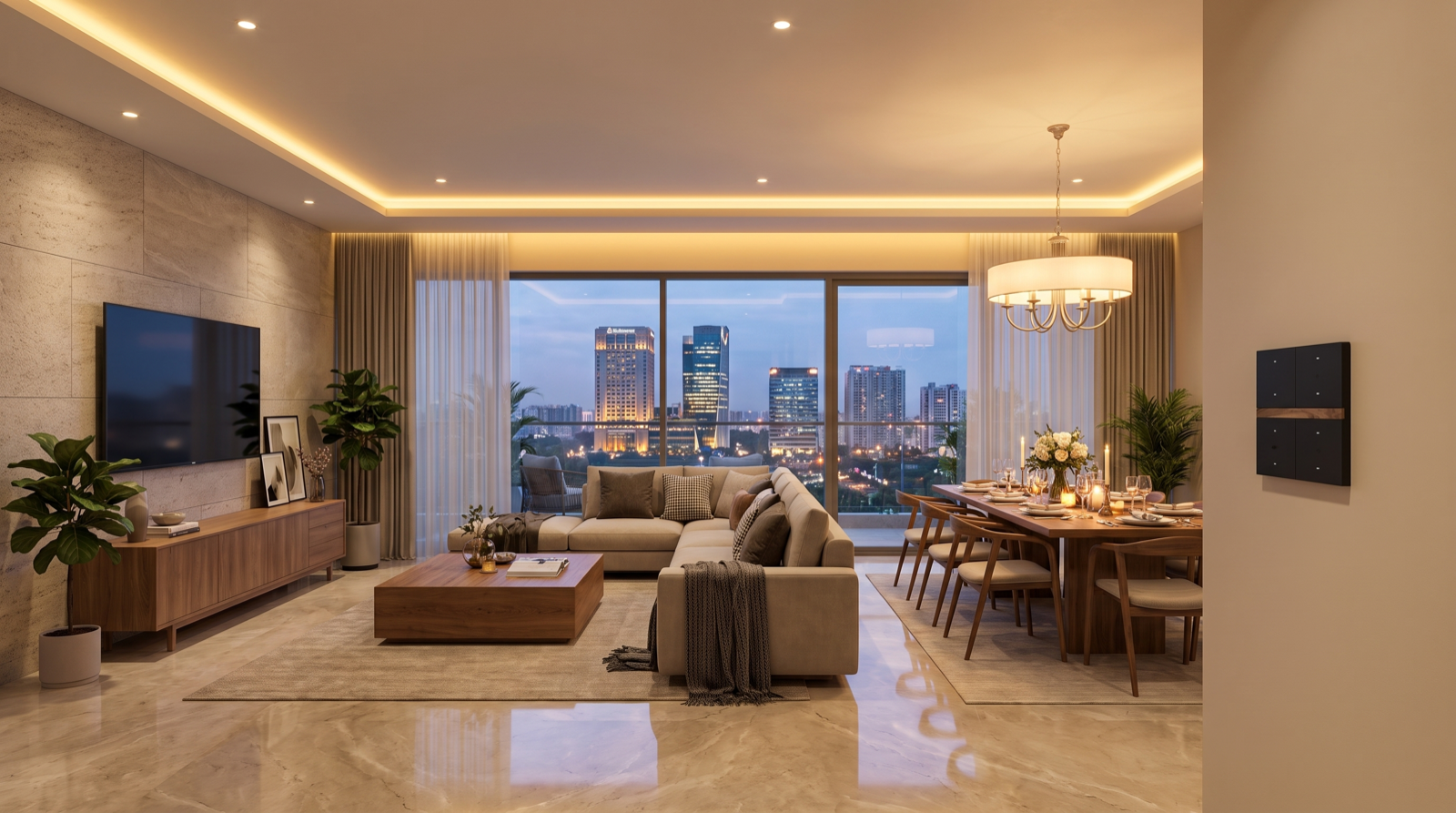 Home automation in a Financial District apartment with smart lighting scenes, motorised curtains, and keypad control