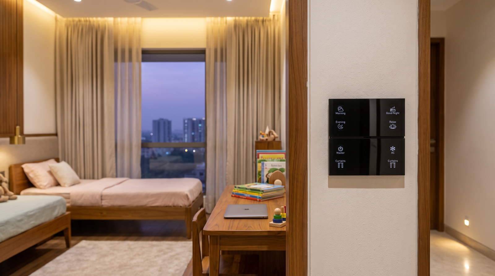 A Pert Stella matte-black glass wall keypad with backlit, engraved Morning, Evening, Good Night, Relax, Master, AC and Curtains buttons, mounted beside the doorway of a children's bedroom in a Hyderabad home at dusk, with warm dimmed cove lighting, a low night-path glow along the corridor, a small study desk with books and cord-free motorised sheer curtains in front of the city skyline