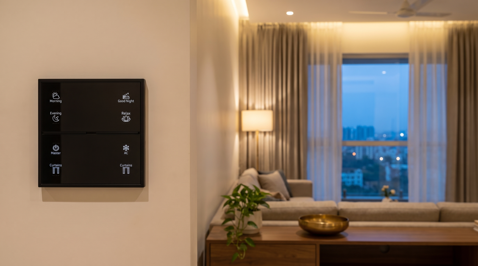 A Pert Stella matte-black square wall keypad with engraved, backlit Morning, Evening, Good Night, Relax, Master, AC and Curtains buttons on the wall of a quiet, well-kept Hyderabad living room at dusk, with warm dimmed lighting left on as if someone is home and motorised curtains half drawn
