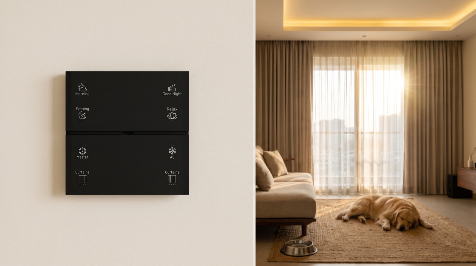 A Pert Stella matte-black glass wall keypad with backlit, engraved Morning, Evening, Good Night, Relax, Master, AC and Curtains buttons, mounted on the wall of a Hyderabad living room where a dog rests on a rug in soft, warm, dimmed lighting, with motorised sheer curtains half-drawn against the afternoon sun