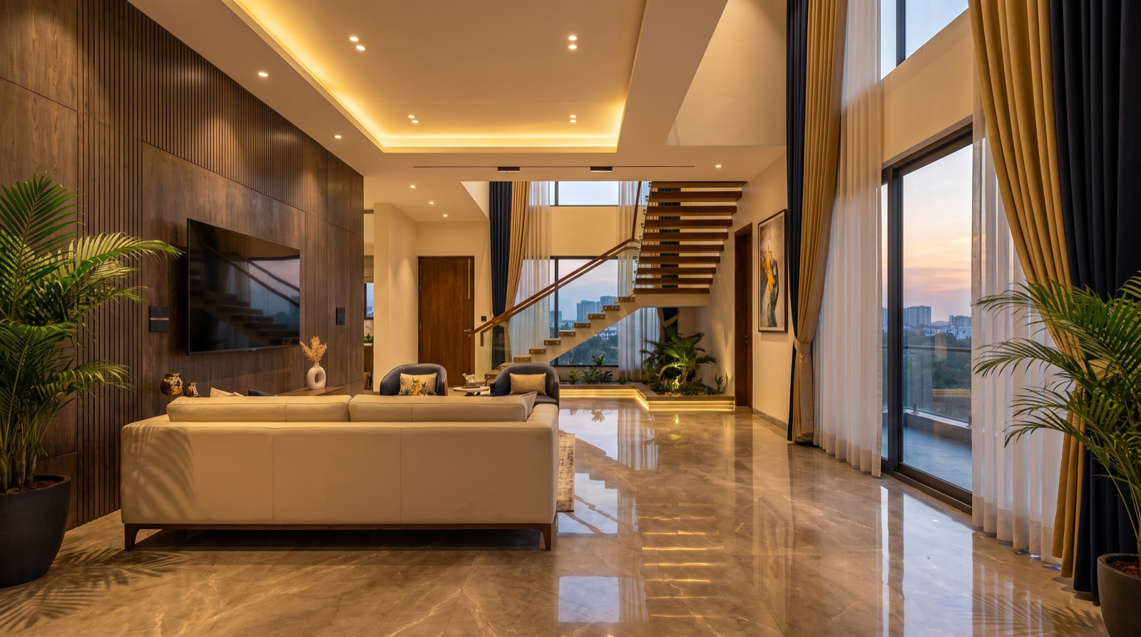 Home automation in a Kokapet luxury villa with smart lighting, motorised curtains, and keypad scene control