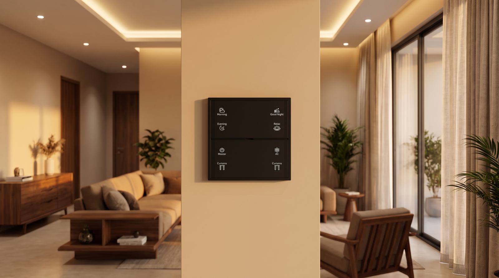 Home automation in a Kondapur apartment with smart lighting, motorised curtains, and a Pert wall keypad for scene control