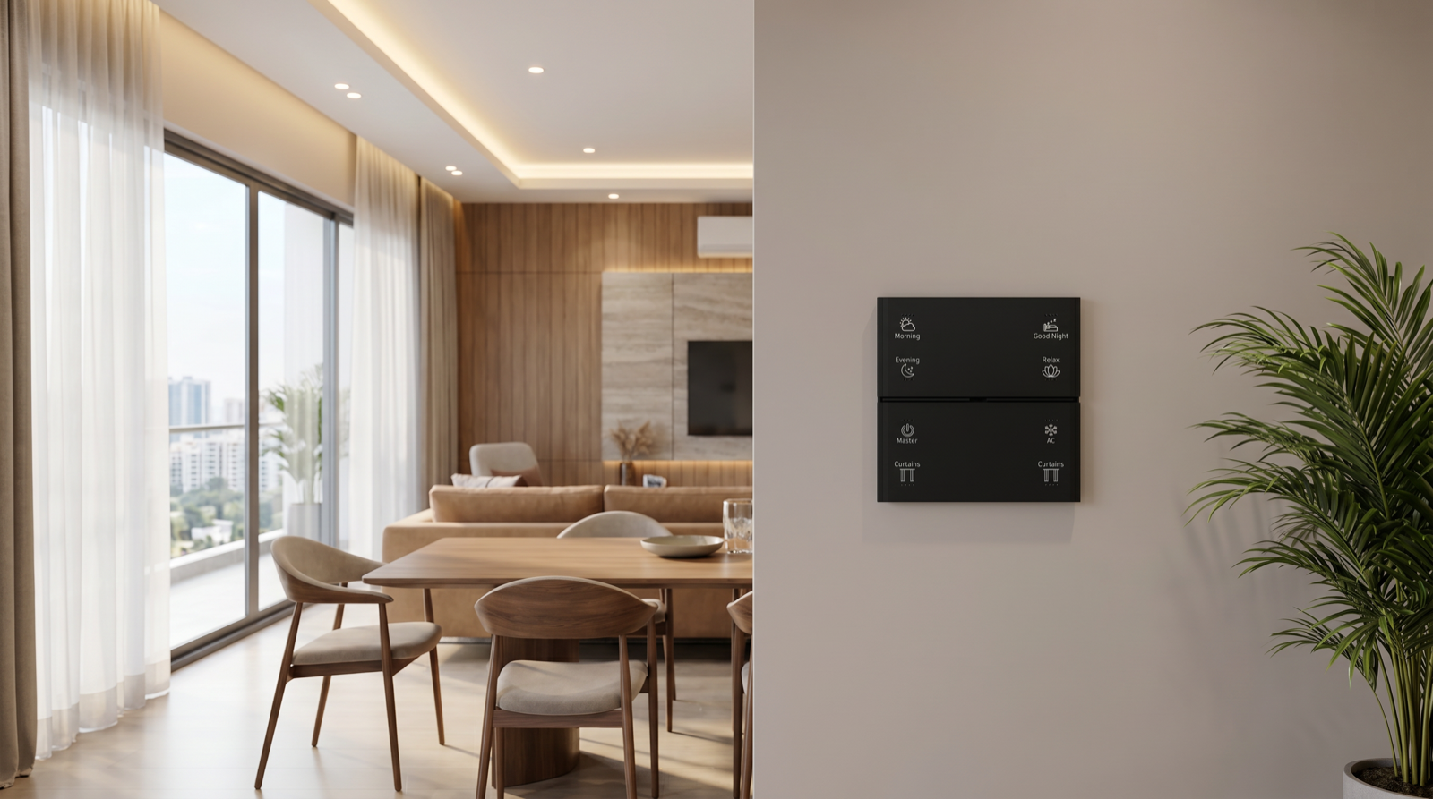 Home automation in a Madhapur apartment near HITEC City with smart lighting, motorised curtains, and a Pert wall keypad for scene control