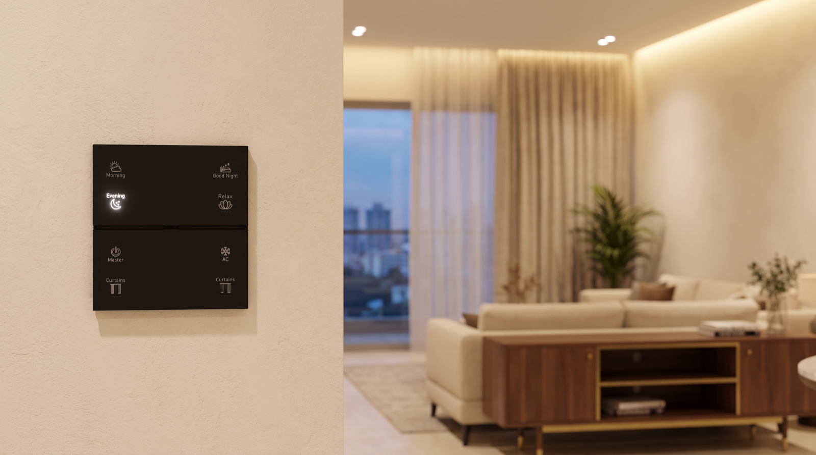 A Pert Stella matte-black square glass wall keypad with backlit, engraved Morning, Evening, Good Night, Relax, Master, AC and Curtains buttons, seen straight-on on a living-room wall, with a softly lit Hyderabad home behind: warm tunable lighting and motorised curtains