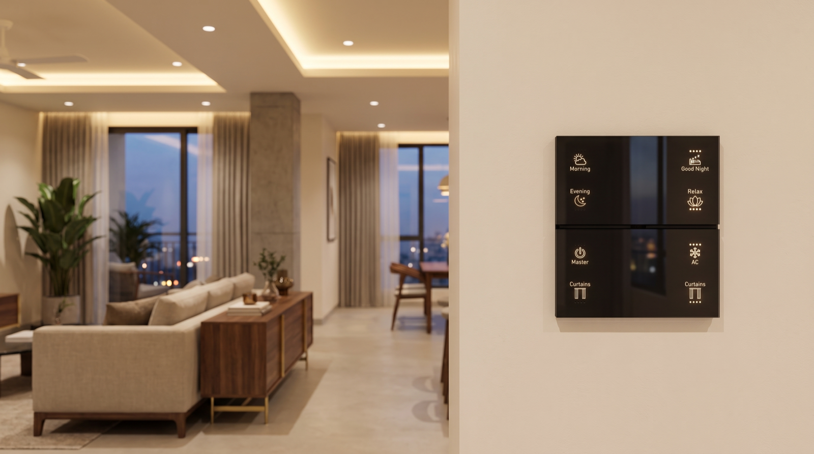 A Pert Stella matte-black square wall keypad with engraved, backlit Morning, Evening, Good Night, Relax, Master, AC and Curtains buttons on the wall of a premium Hyderabad apartment, with warm cove lighting, downlights and curtains across the open living and dining spaces beyond at dusk