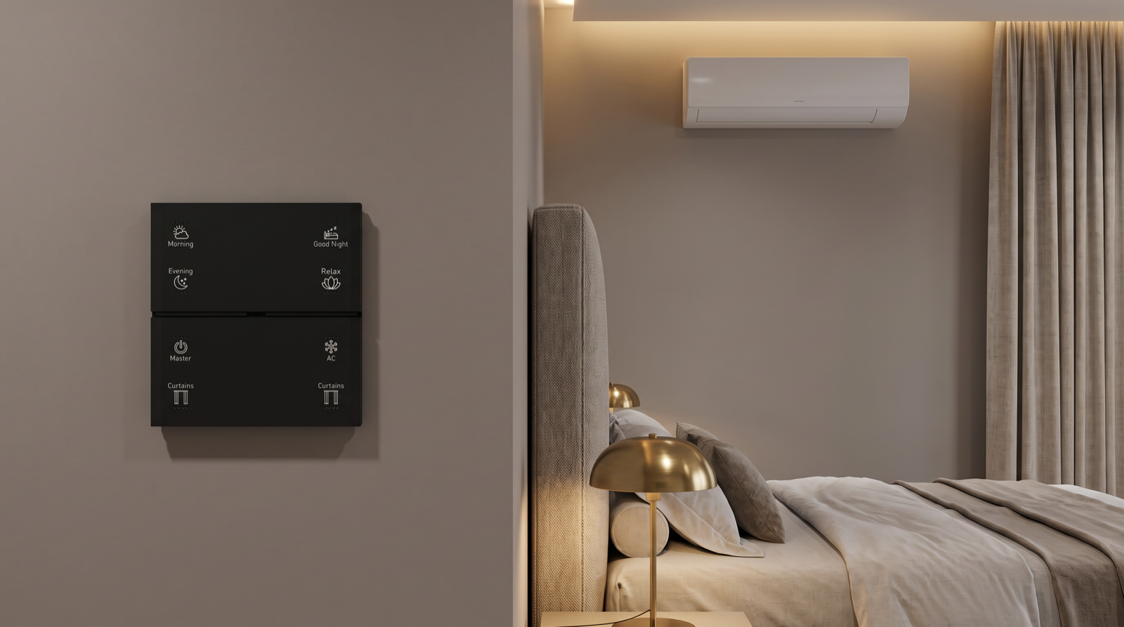 A Pert Stella matte-black square wall keypad with engraved, backlit Morning, Evening, Good Night, Relax, Master, AC and Curtains buttons on the wall of a cool, softly lit Hyderabad master bedroom in the evening, with a split AC above the bed, warm dimmed lighting and motorised curtains drawn closed against the heat