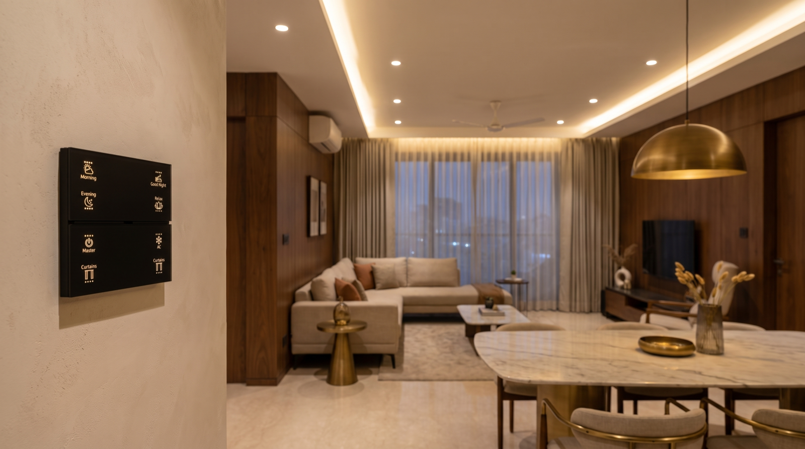 A Pert Stella matte-black square wall keypad with engraved, backlit Morning, Good Night, Relax, AC and Curtains buttons beside the doorway of a premium Hyderabad living and dining room at dusk, where downlights, cove lighting and a dining pendant glow together at one matched level and motorised curtains are drawn closed across the window wall