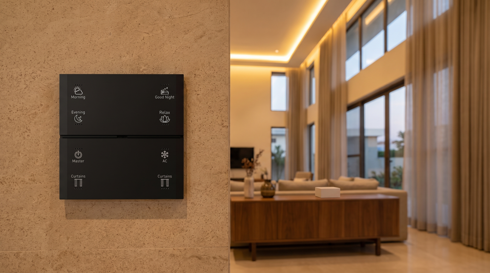 A Pert Stella matte-black glass wall keypad with backlit, engraved Morning, Evening, Good Night, Relax, Master, AC and Curtains buttons on a warm stone-finish wall, with a softly lit double-height Hyderabad villa living room behind: warm cove lighting, sheer motorised curtains and a walnut console