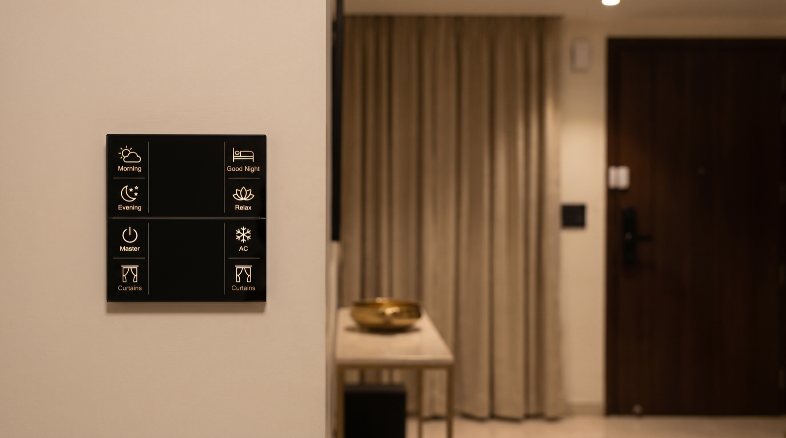 A Pert Stella matte-black glass wall keypad, seen straight-on, with engraved backlit Morning, Evening, Good Night, Relax, Master, AC and Curtains buttons, mounted beside the main door of a Hyderabad apartment foyer at night, with dim warm lighting, closed motorised curtains and a smart door lock softly out of focus