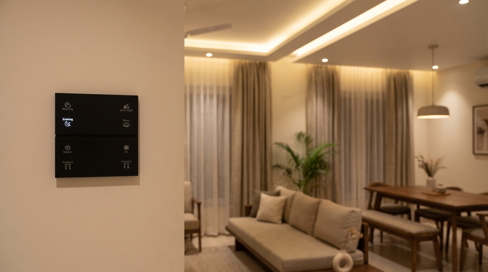 A Pert Stella matte-black glass wall keypad, seen straight-on, with engraved backlit Morning, Evening, Good Night, Relax, Master, AC and Curtains buttons, mounted on a living room wall with warm dimmed lighting and motorised curtains softly out of focus behind it