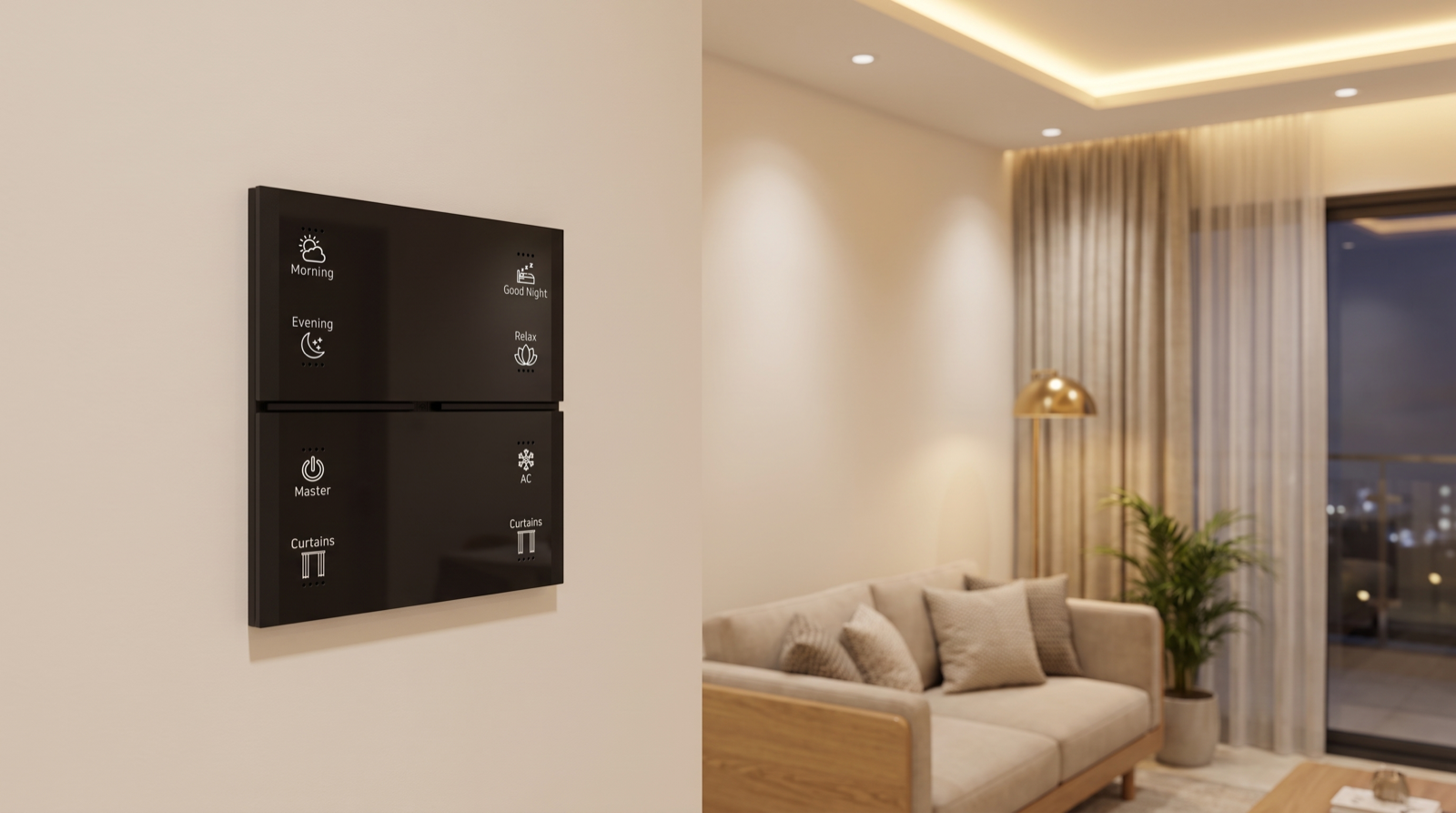 A matte-black Pert Stella square touch keypad with backlit Morning, Good Night, Evening, Relax, Master, AC and Curtains scene buttons fitted on the wall of a lived-in Hyderabad apartment living room, with warm dimmed cove lighting, downlights and motorised sheer curtains