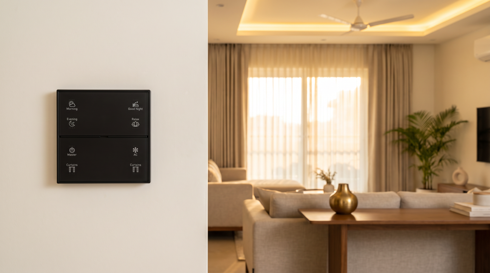 A Pert Stella matte-black square glass wall keypad with backlit, engraved Morning, Evening, Good Night, Relax, Master, AC and Curtains buttons, seen straight-on on a living-room wall, with a softly lit Hyderabad home behind: warm cove lighting and motorised sheer curtains drawn across a window, filtering bright afternoon sun