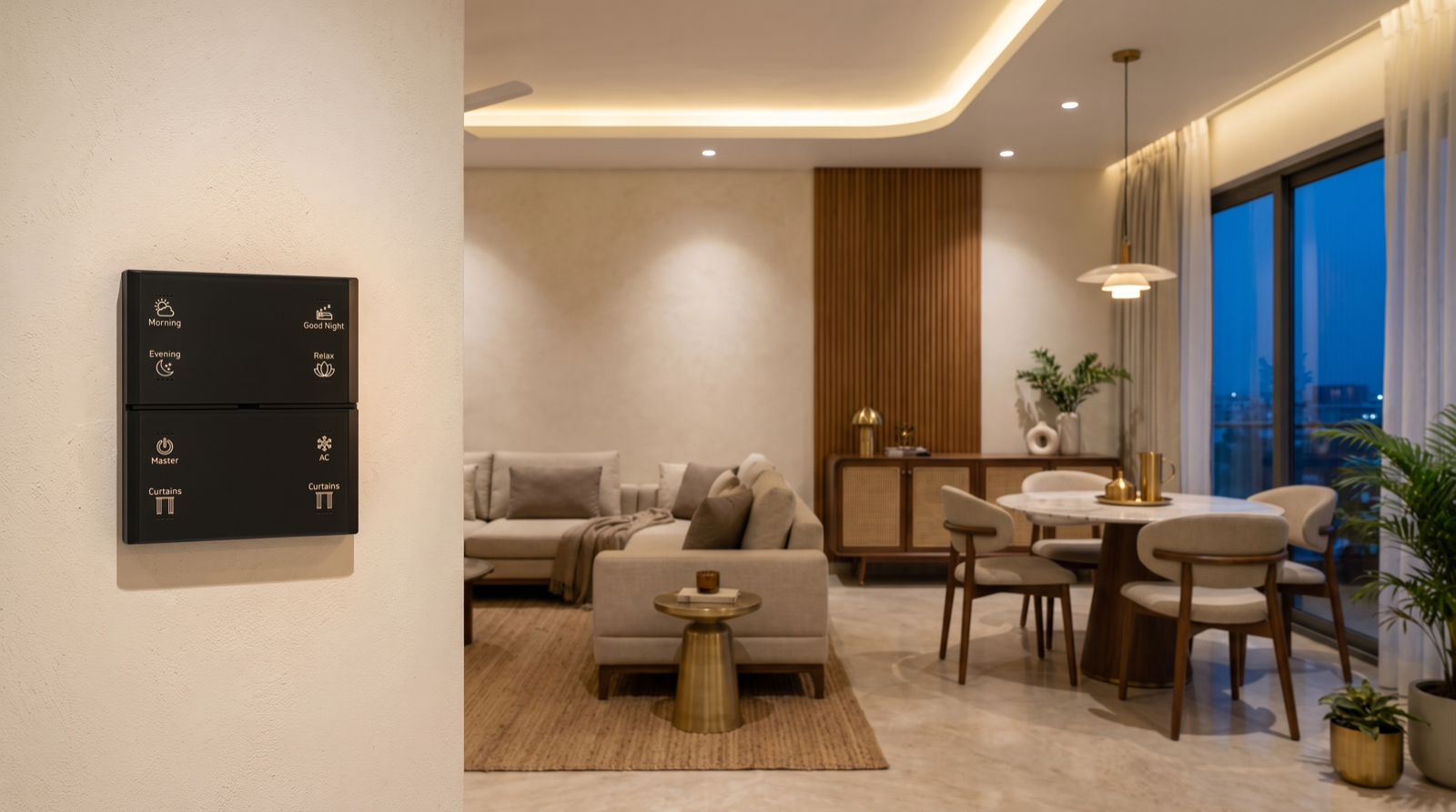 A premium Hyderabad living and dining room at dusk with a Pert Stella matte-black glass wall keypad in sharp focus in the foreground, carrying engraved Morning, Good Night, Evening, Relax, Master, AC and Curtains scene buttons with softly backlit icons, a warm cove glow along the stepped false ceiling, dimmed downlights washing a fluted teak panel, a pendant over the round marble dining table, a cane sideboard and jute rug, and sheer curtains on floor-to-ceiling glazing against a deep blue dusk sky