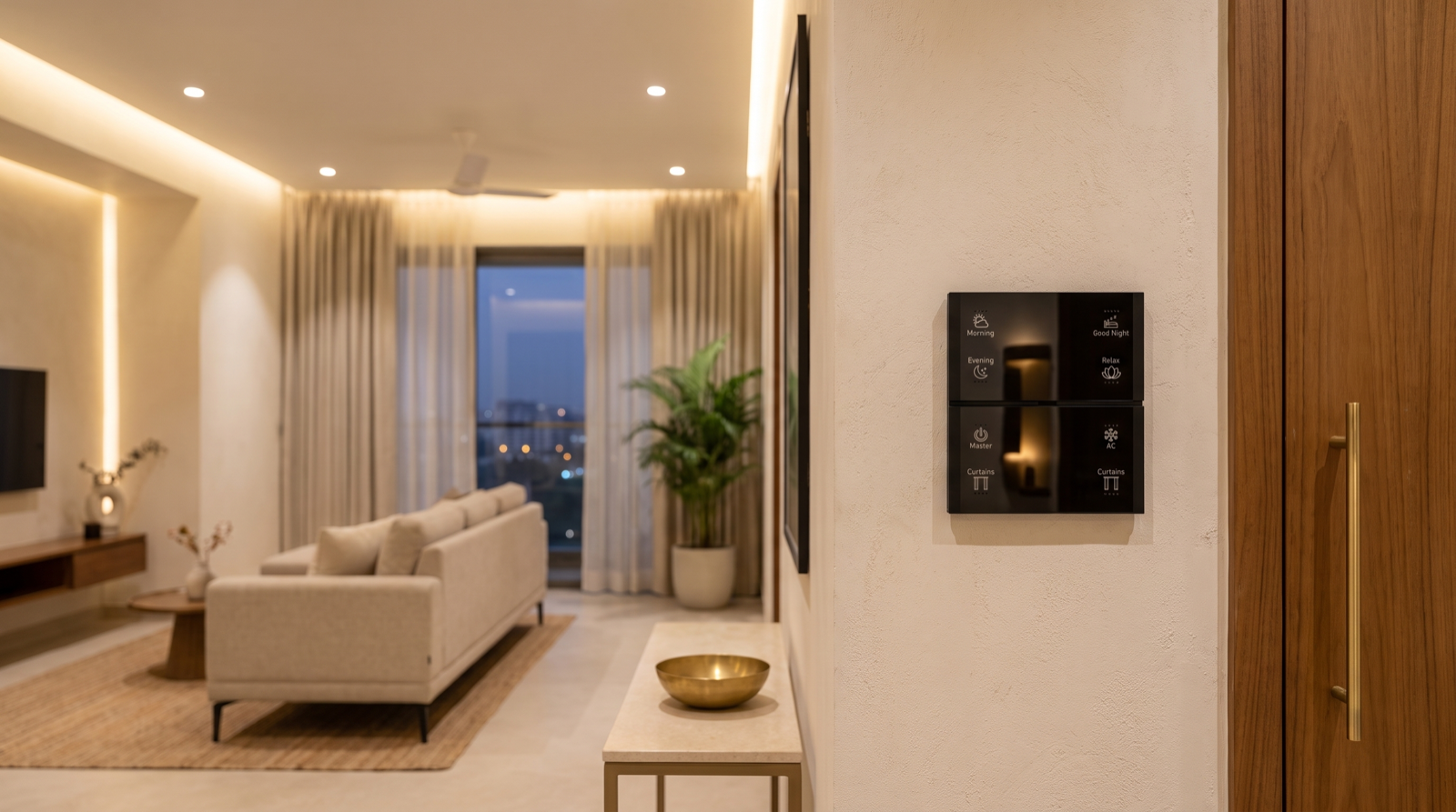A Pert Stella matte-black square wall keypad with backlit Morning, Good Night, Evening, Relax, Master, AC and Curtains buttons beside the teak main door of a premium Hyderabad apartment, with warm cove lighting, downlights and sheer curtains in the living room beyond at dusk
