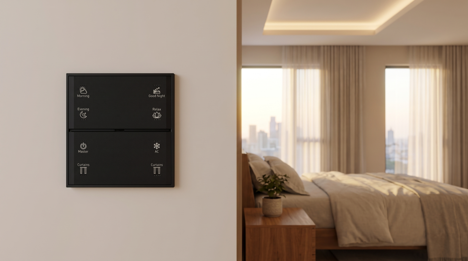 A Pert Stella square matte-black glass wall keypad with backlit, engraved Morning, Evening, Good Night, Relax, Master, AC and Curtains buttons beside the bed in a Hyderabad master bedroom at dawn, with motorised sheer curtains partly open to the sunrise and a soft warm glow from the ceiling cove