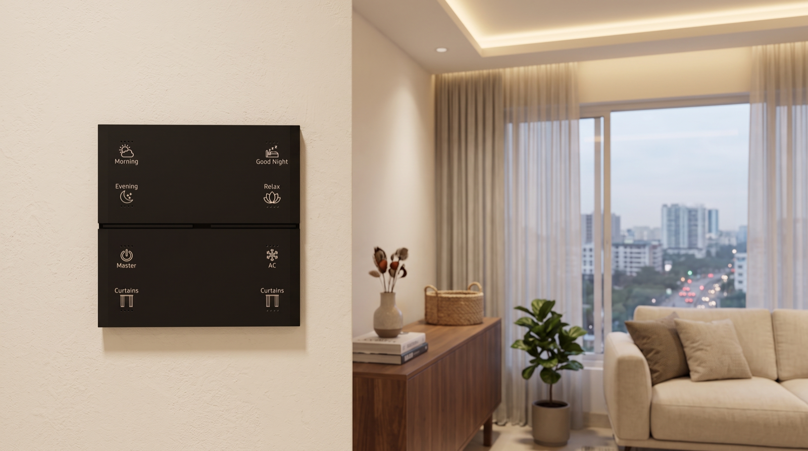 A Pert Stella matte-black glass wall keypad with backlit, engraved Morning, Evening, Good Night, Relax, Master, AC and Curtains buttons on a living-room wall in a newly occupied Hyderabad apartment, with warm cove lighting, half-drawn sheer motorised curtains and a dusk skyline softly out of focus behind