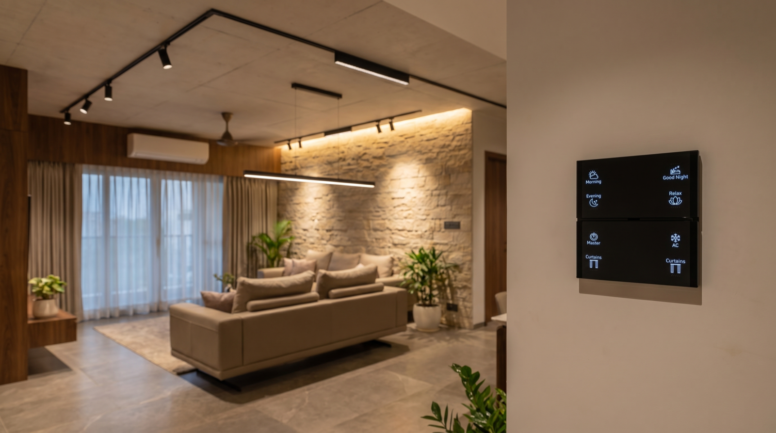 A premium Hyderabad living room with a bare painted slab ceiling lit by a slim black magnetic track carrying spot and linear modules, motorised curtains at the window, and a Pert Stella matte-black smart keypad on the wall in the foreground