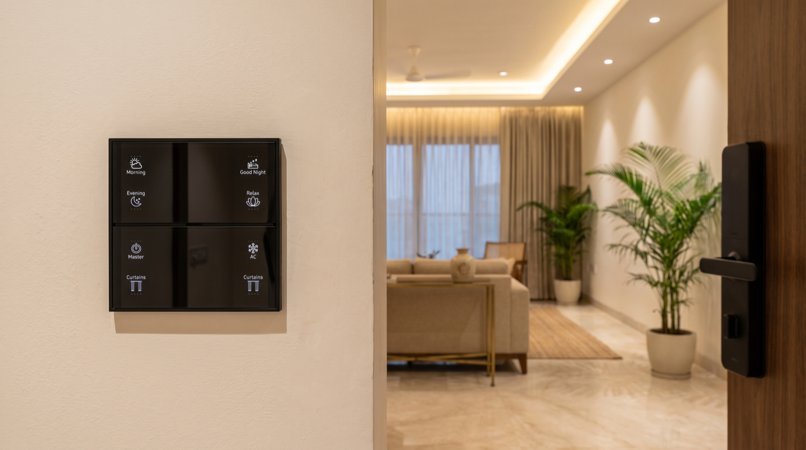 A Pert Stella matte-black glass wall keypad with backlit, engraved Morning, Evening, Good Night, Relax, Master, AC and Curtains buttons mounted beside the main door of a Hyderabad apartment foyer, next to a matte-black smart door lock on a walnut door, with a softly lit living room, warm cove lighting and sheer motorised curtains behind