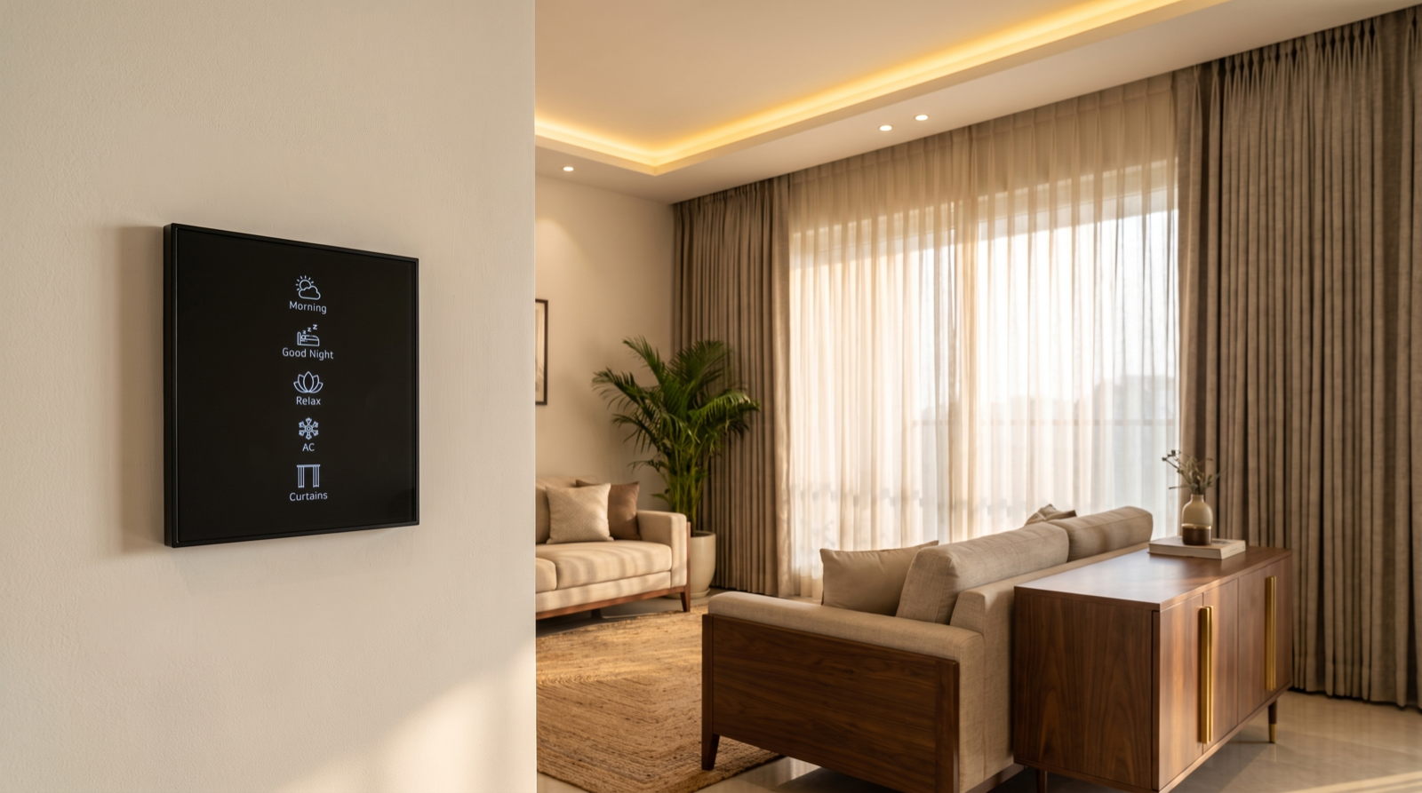 A premium Hyderabad living room with a tall window dressed in a two-layer motorised curtain system on a ceiling-recessed track, ivory sheer half drawn and a taupe dim-out drape stacked neatly back against the wall, warm tunable cove lighting in the false ceiling, and a Pert Stella wall keypad with engraved Morning, Good Night, Relax, AC and Curtains scene buttons in sharp focus on the foreground wall