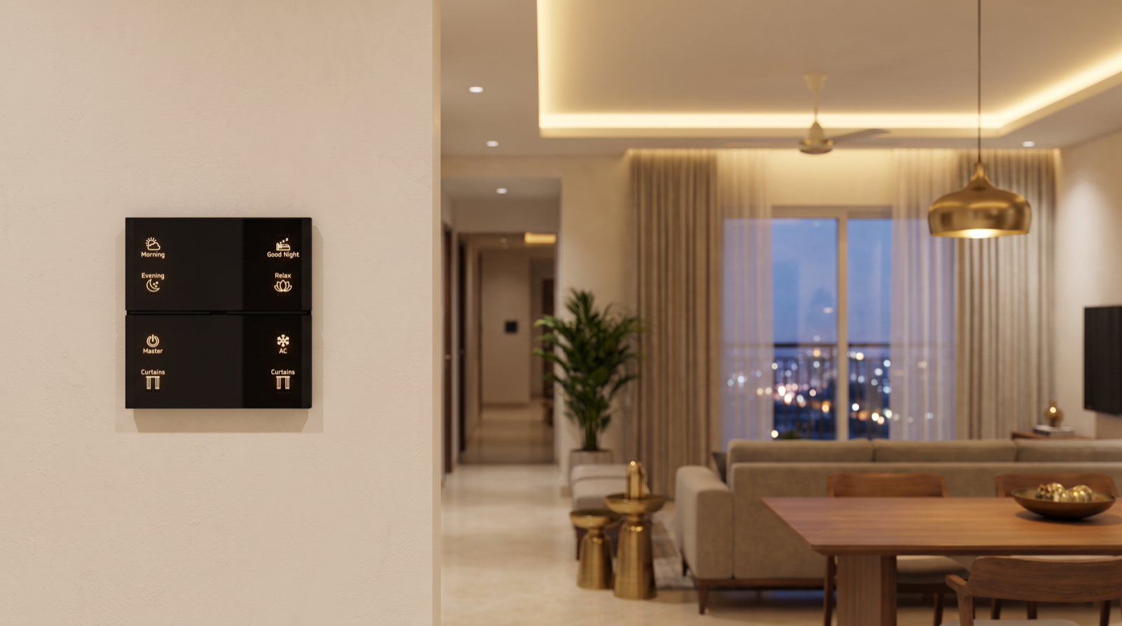 A Pert Stella square matte-black glass wall keypad with softly backlit, engraved Morning, Evening, Good Night, Relax, Master, AC and Curtains buttons on a living-room wall in a Hyderabad apartment, with warm cove lighting, a dining pendant and partly drawn motorised curtains softly out of focus behind