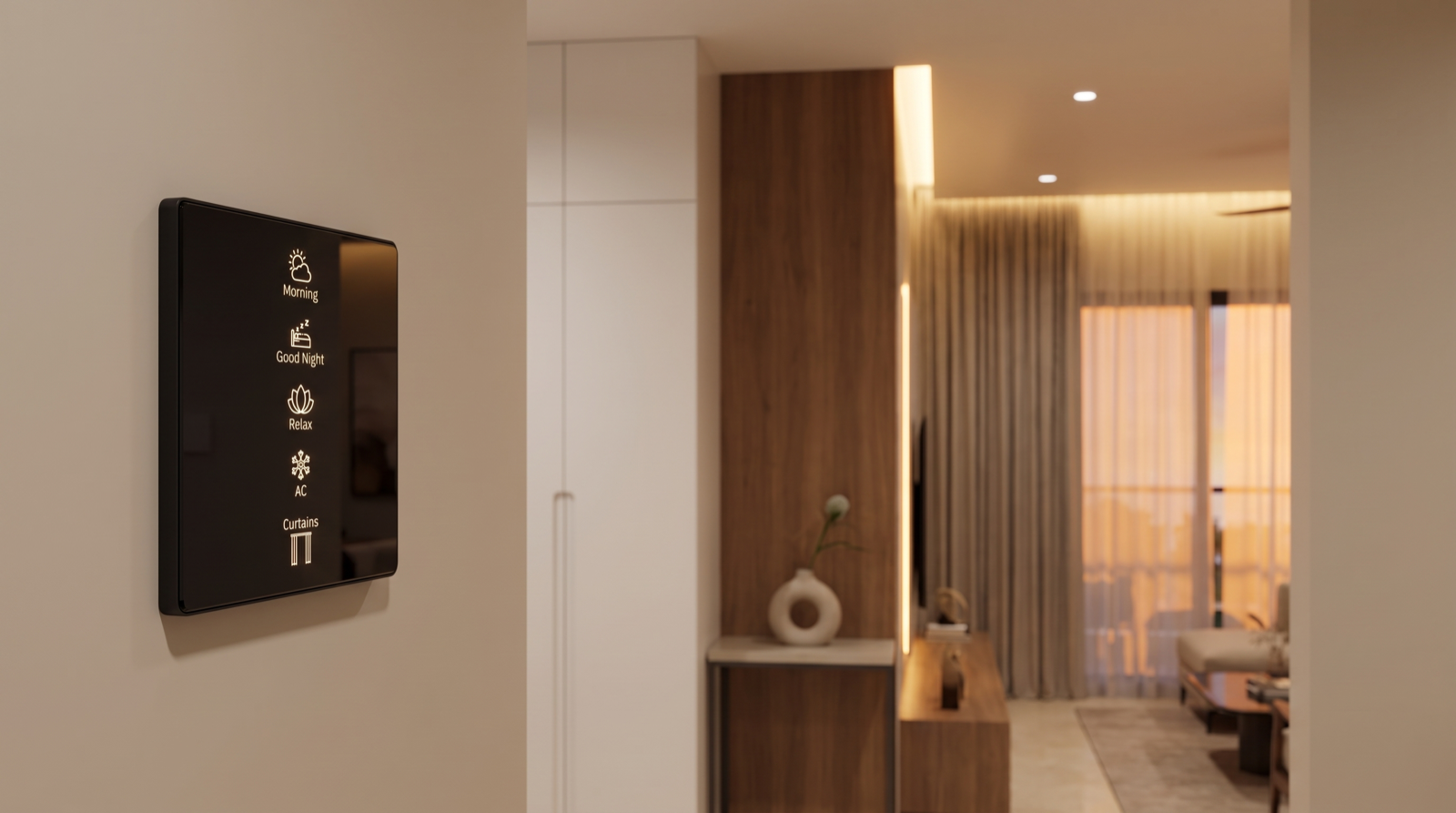 A matte-black Pert Stella square touch keypad with backlit Morning, Good Night, Relax, AC and Curtains scene buttons on the wall of a premium Hyderabad home's service lobby, with a flush concealed services cupboard door behind it, warm 2700K cove lighting and motorised sheer curtains in the living room beyond