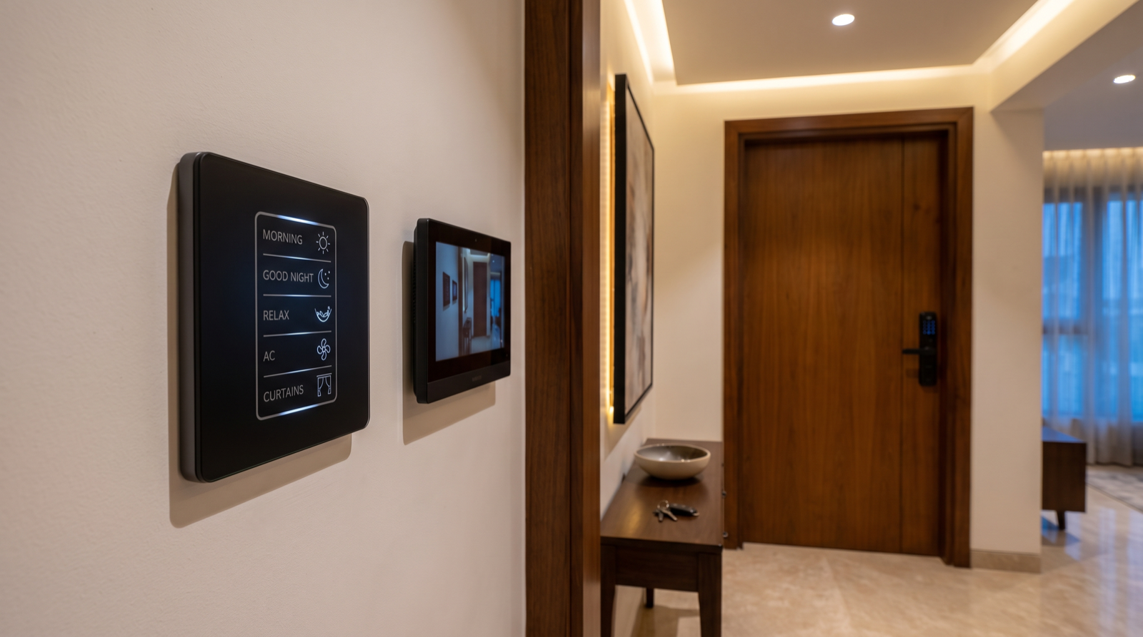 A Pert Stella square matte-black glass wall keypad with engraved, softly backlit Morning, Good Night, Relax, AC and Curtains scene buttons, mounted beside a slim video door phone indoor monitor in the entrance foyer of a premium Hyderabad apartment, with a teak main door fitted with a matte-black smart mortise lock handle set, a warm 2700K cove washing the false-ceiling perimeter and downlights pooling on a polished stone floor