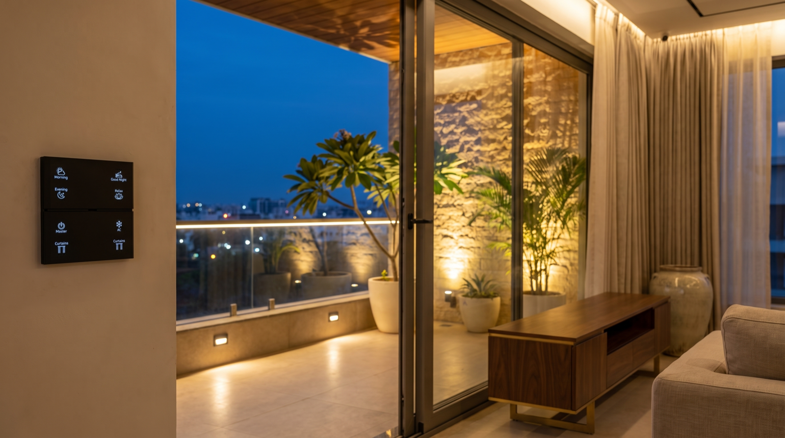 A premium Hyderabad home balcony at blue-hour dusk seen from inside, with a Pert Stella matte-black glass wall keypad carrying engraved Morning, Good Night, Evening, Relax, Master, AC and Curtains scene buttons in sharp focus beside the floor-to-ceiling sliding door, motorised sheer and blackout curtains on a recessed ceiling track, and beyond the glass a warmly lit terrace with a 2700K graze up a rough stone feature wall, recessed step lights along the walkway, a glowing linear strip at the parapet, uplit frangipani and areca palms in ceramic planters, and city lights under a deep indigo sky