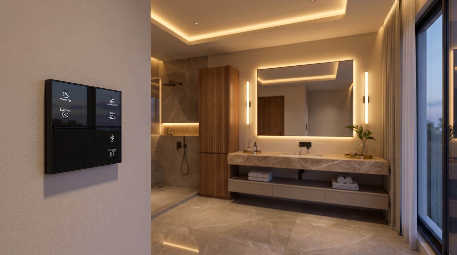 A premium Hyderabad master bathroom with a floating marble vanity, a frameless mirror lit by a warm backlit halo and two slim vertical LED bars at eye level, a warm cove line in the false ceiling, an IP65 shower downlight, a motorised sheer curtain on the window, and a Pert Stella matte-black wall keypad with engraved Morning, Evening, Good Night, Relax, AC and Curtains scene buttons in sharp focus on the dry wall beside the entrance