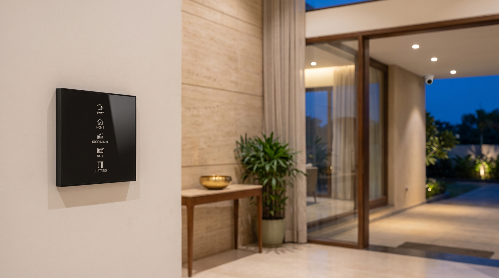 A Pert Stella matte-black glass wall keypad in sharp focus beside the entrance of a premium Hyderabad villa foyer, its vertical column of engraved and softly backlit Away, Home, Good Night, Gate and Curtains scene buttons glowing, with a discreet security camera under the porch soffit outside, warm tunable downlights in the entrance ceiling, motorised sheer curtains on the tall foyer glazing and a console table with a plant in the background at dusk
