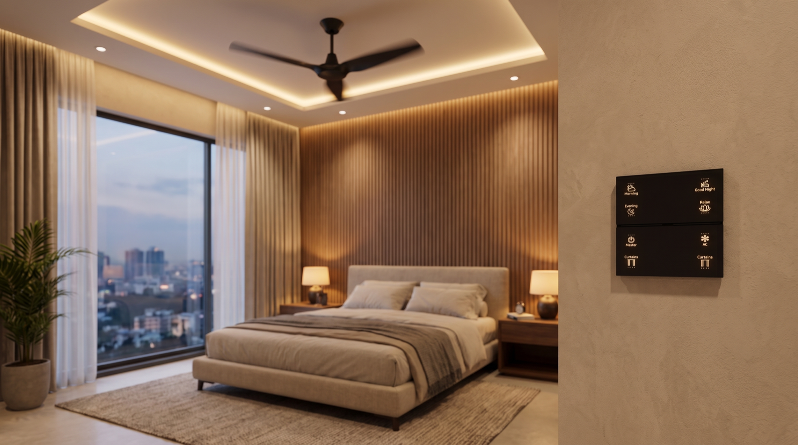 A slim BLDC ceiling fan hanging below a recessed false ceiling in a premium Hyderabad bedroom, with warm cove lighting, motorised curtains half open, and a Pert Stella wall keypad with engraved scene buttons in sharp focus in the foreground