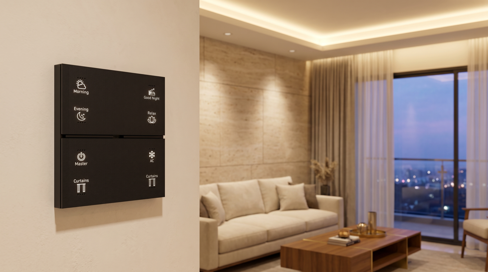 A matte-black Pert Stella square touch keypad with backlit Morning, Evening, Good Night, Relax, Master, AC and Curtains scene buttons on the wall of a premium Hyderabad living room at dusk, with warm tunable cove lighting, softly dimmed downlights and sheer motorised curtains glowing against the fading daylight