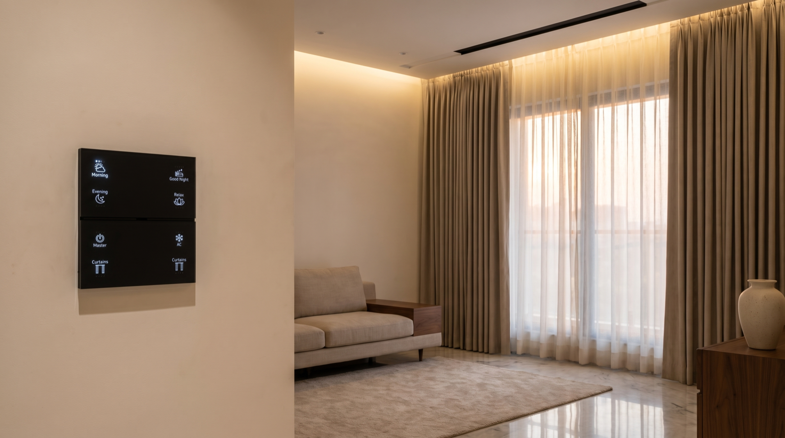 A pair of stacked Pert Stella square matte-black glass wall keypads with engraved, softly backlit Morning, Good Night, Evening, Relax, Master, AC and Curtains scene buttons, mounted in a premium Hyderabad living room at dusk, where sheer and blackout motorised curtains fall from a clean recessed ceiling pocket with the track and motor completely concealed, and warm 2700K cove lighting washes the false-ceiling perimeter