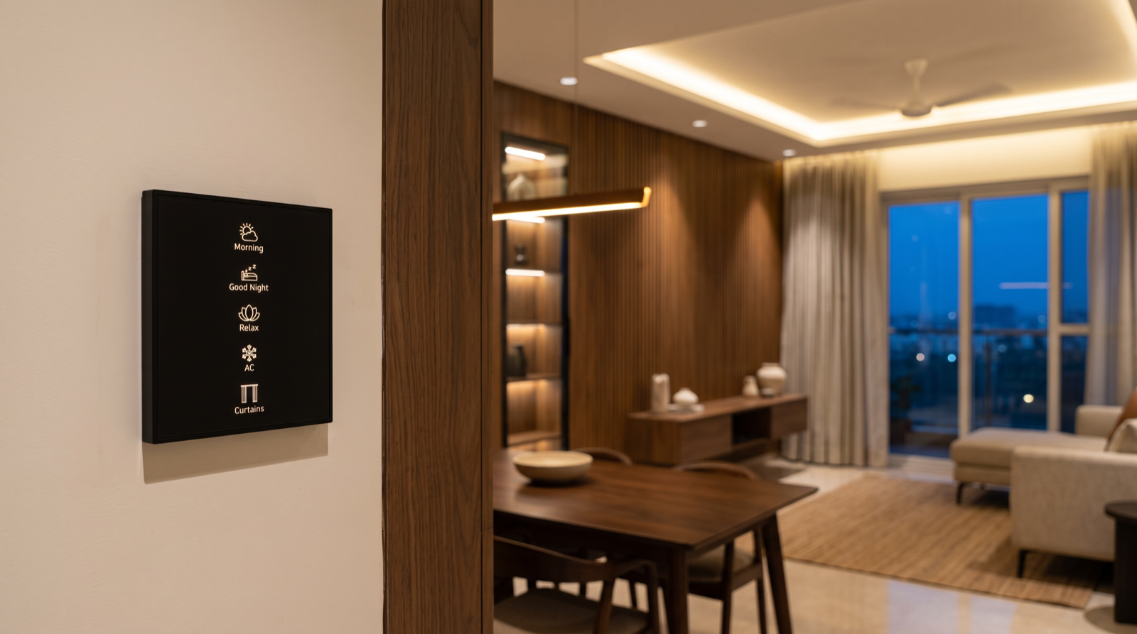 A Pert Stella square matte-black glass wall keypad in sharp focus on the wall of a premium Hyderabad apartment living room at dusk, its vertical column of engraved and softly backlit Morning, Good Night, Relax, AC and Curtains scene buttons glowing warm, with a concealed cove line, a grid of dimmed COB downlights, warm strip lighting inside a glazed display niche and a low linear pendant over the walnut dining table all running at different levels behind it, and motorised sheer curtains half drawn across the balcony glazing