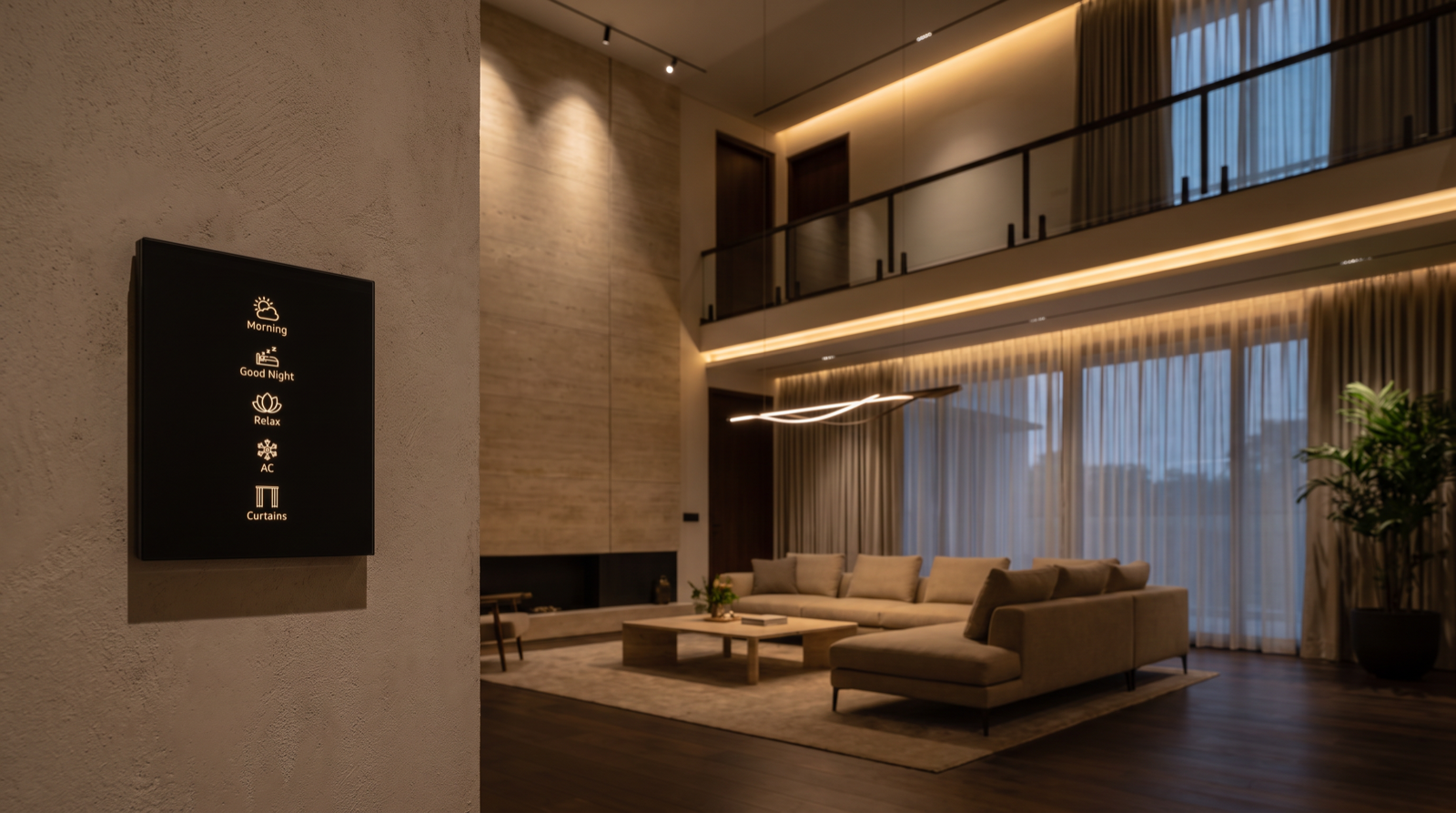 A Pert Stella square matte-black glass wall keypad mounted on a wall in a premium Hyderabad double-height living room, its engraved and softly backlit Morning, Good Night, Relax, AC and Curtains scene buttons glowing warm, with a two-storey volume behind it carrying a warm perimeter cove at the mezzanine slab level, narrow-beam accent spots grazing a tall stone feature wall, a long sculptural pendant dropping into the room and motorised sheer curtains across five-metre glazing at dusk