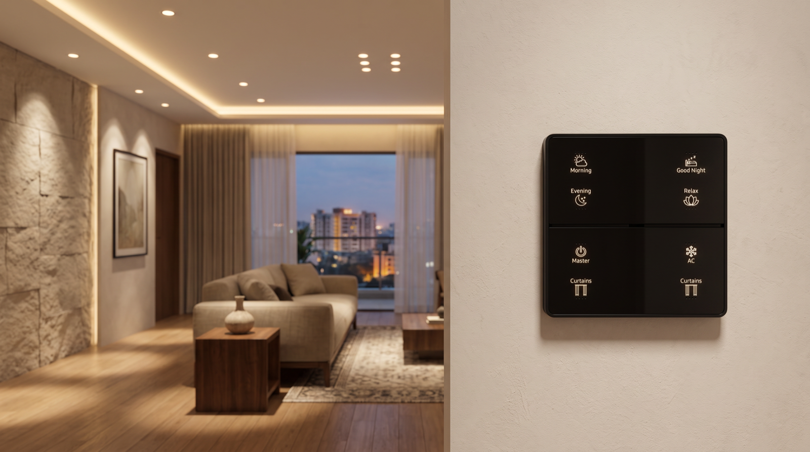 A Pert Stella square matte-black glass wall keypad on a pale plastered wall, its engraved and softly backlit Morning, Evening, Good Night, Relax, Master, AC and Curtains scene buttons glowing warm, beside a premium Hyderabad living room at dusk where an evenly spaced grid of recessed COB downlights casts a regular rhythm of warm pools of light, narrow-beam accent spots graze a stone feature wall and a framed artwork, a slim warm cove line runs around the false ceiling and motorised sheer curtains hang across the balcony glazing