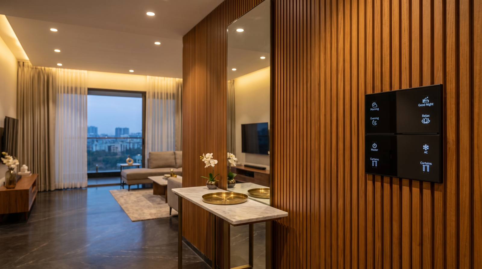 The entrance foyer of a premium Hyderabad apartment at dusk with a grazed fluted teak feature wall, a marble console and mirror, warm recessed downlights, and a bank of Pert Stella matte-black smart scene keypads mounted beside the main door