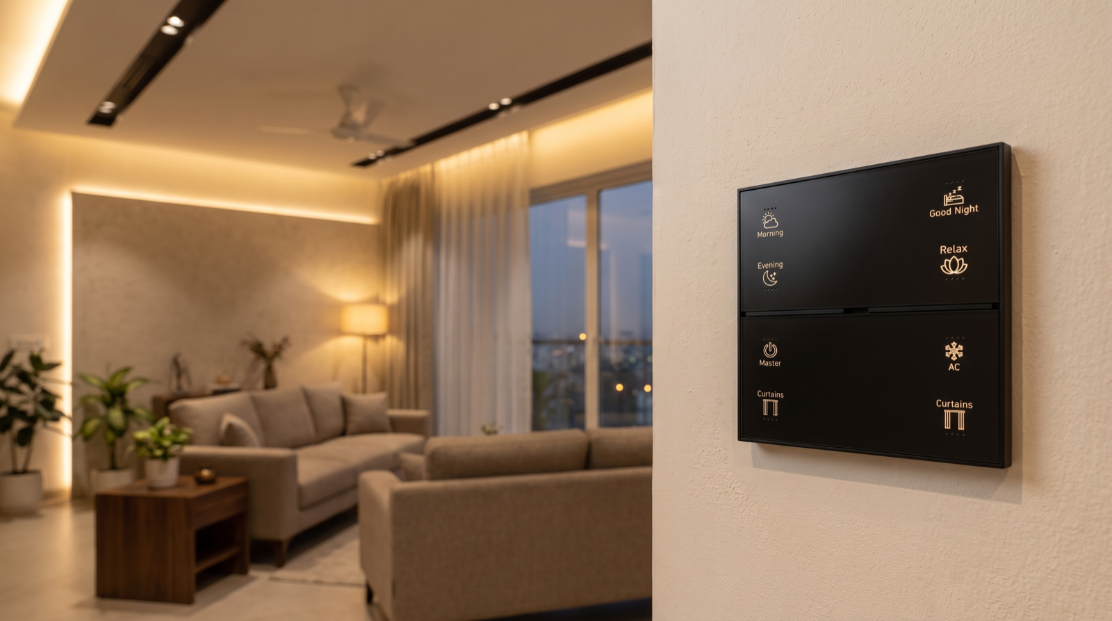 A matte-black Pert Stella square touch keypad with backlit Morning, Good Night, Evening, Relax, Master, AC and Curtains scene buttons on the wall of a Hyderabad living room lit by deep-recessed anti-glare downlights, warm cove lighting and motorised sheer curtains