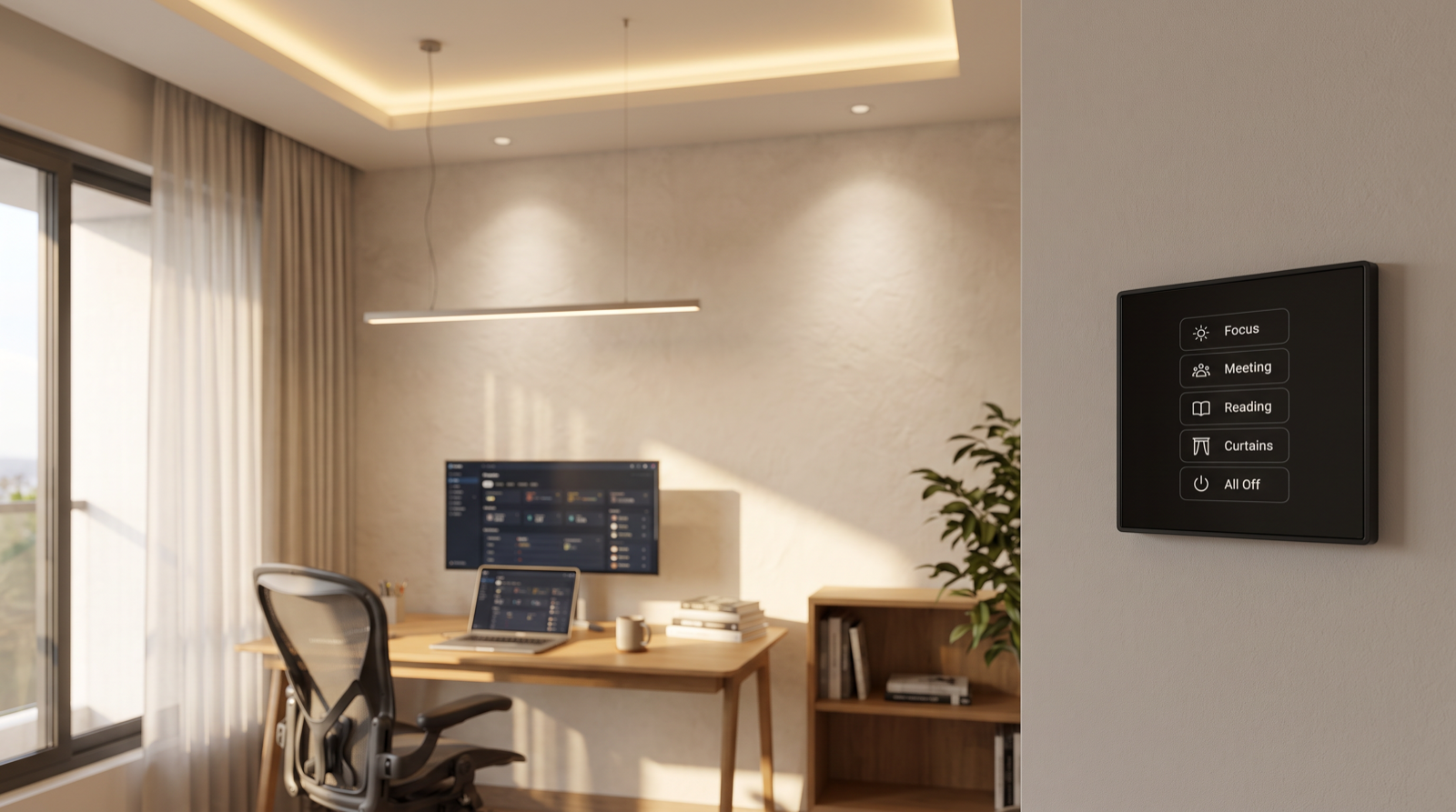 A premium Hyderabad home office with a wooden desk, glare-free task lighting over the work surface, warm tunable cove lighting in the false ceiling, motorised sheer curtains diffusing side daylight, and a Pert Stella wall keypad with engraved Focus, Meeting, Reading, Curtains and All Off scene buttons in sharp focus on the foreground wall