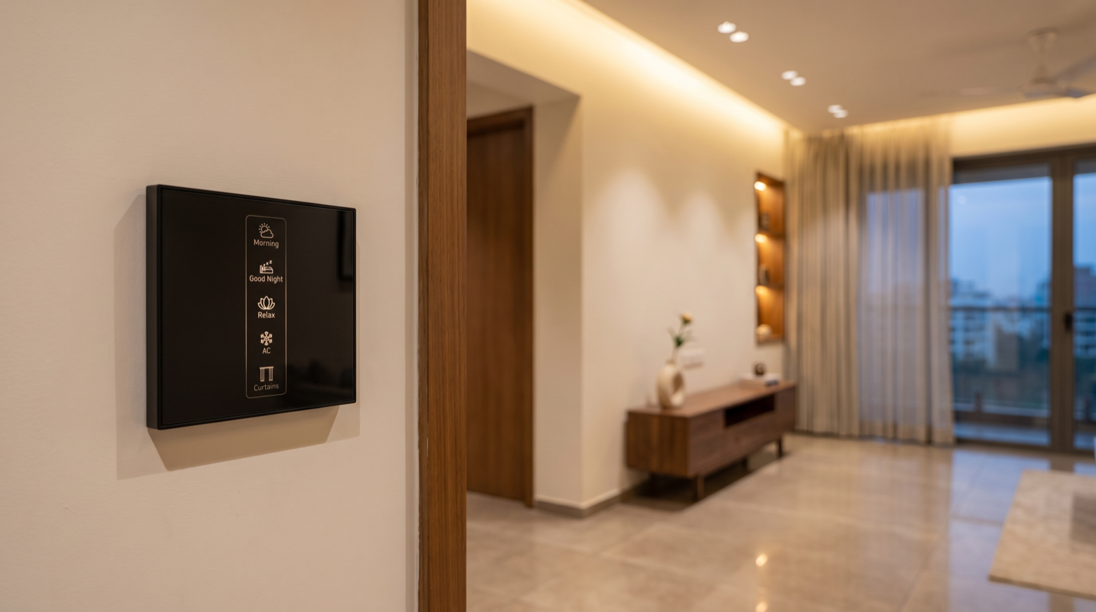 A Pert Stella square matte-black glass wall keypad in sharp focus beside the entrance of a premium Hyderabad apartment, its vertical column of engraved and softly backlit Morning, Good Night, Relax, AC and Curtains buttons glowing warm, with a dimmed cove line, COB downlights and motorised sheer curtains in the living room behind it