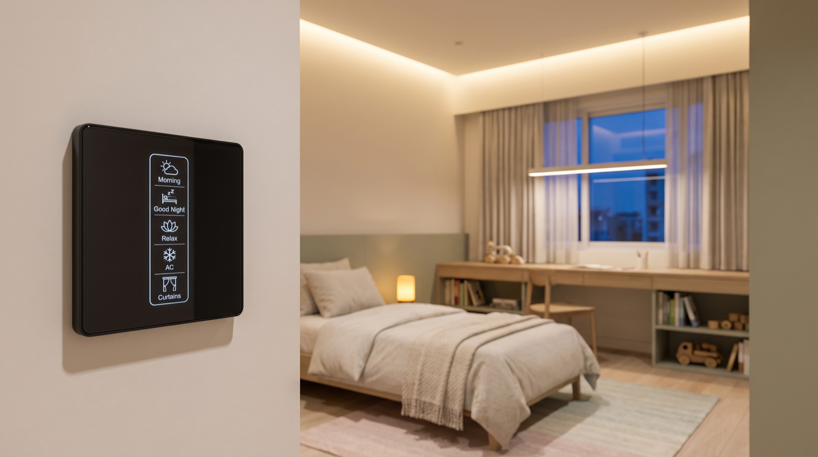 A Pert Stella square matte-black glass wall keypad with engraved, softly backlit Morning, Good Night, Relax, AC and Curtains scene buttons, mounted at switch height in a premium Hyderabad children's bedroom where a warm 3000K cove washes the false-ceiling perimeter, a linear task light glows over a low study desk, a soft amber night-light level runs along the skirting beside the bed, and motorised sheer curtains filter the blue evening light at the window