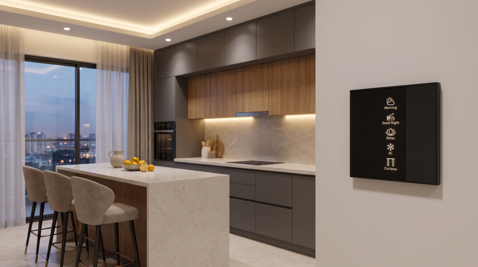 A premium Hyderabad modular kitchen with warm under-cabinet task lighting on the counter, recessed COB spots in the false ceiling, motorised sheer curtains at the window, and a Pert Stella wall keypad in sharp focus at the kitchen entry