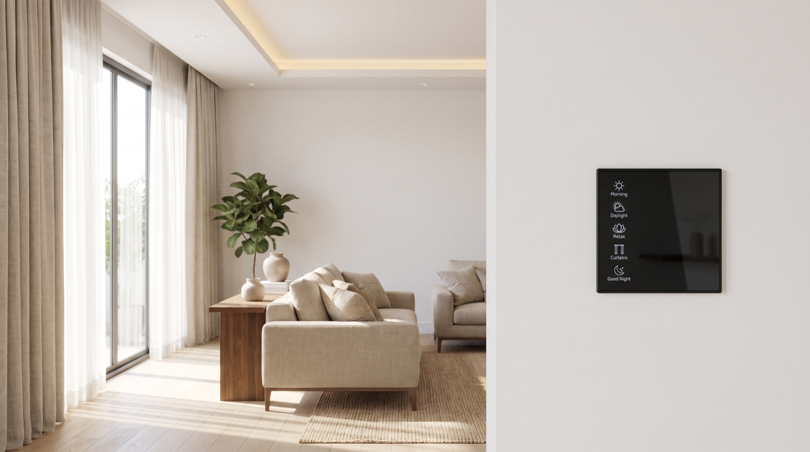 A matte-black Pert Stella square touch keypad with backlit Morning, Daylight, Relax, Curtains and Good Night scene buttons on the wall of a premium Hyderabad living room on a bright afternoon, with a motorised ivory sheer curtain drawn three-quarters across a floor-to-ceiling window to diffuse the sun, a heavier linen drape stacked at the side, and a warm 3000K cove dimmed low because daylight is doing the work