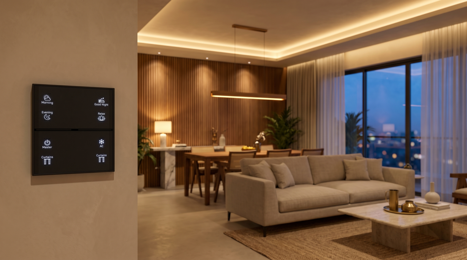 A Pert Stella matte-black glass wall keypad in sharp focus on the wall of a premium open-plan Hyderabad living and dining room at dusk, its two stacked plates carrying engraved and softly backlit Morning, Good Night, Evening, Relax, Master, AC and Curtains scene buttons, with a warm cove glow in the stepped false ceiling, dimmed spots grazing a fluted teak wall, a linear pendant hanging low over the dining table, an oatmeal sofa and jute rug, and motorised sheer curtains half drawn across the balcony glazing against a deep blue sky