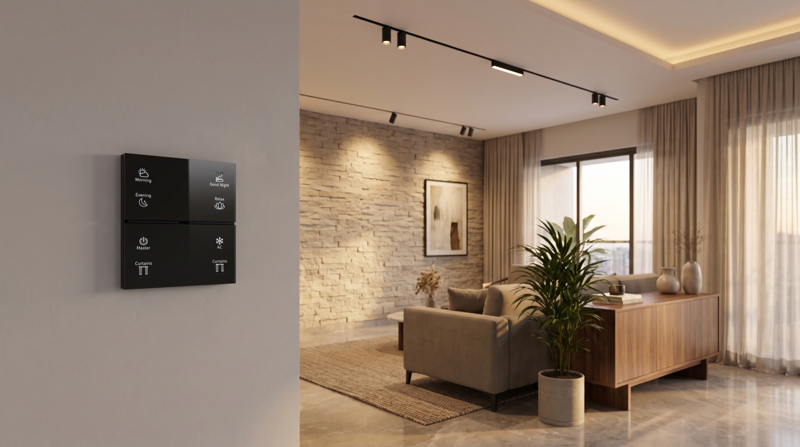 A recessed 48V magnetic track run set flush into the ceiling of a premium Hyderabad living room, its spot and linear modules grazing a textured stone wall, with motorised sheer curtains and a Pert Stella wall keypad in the foreground