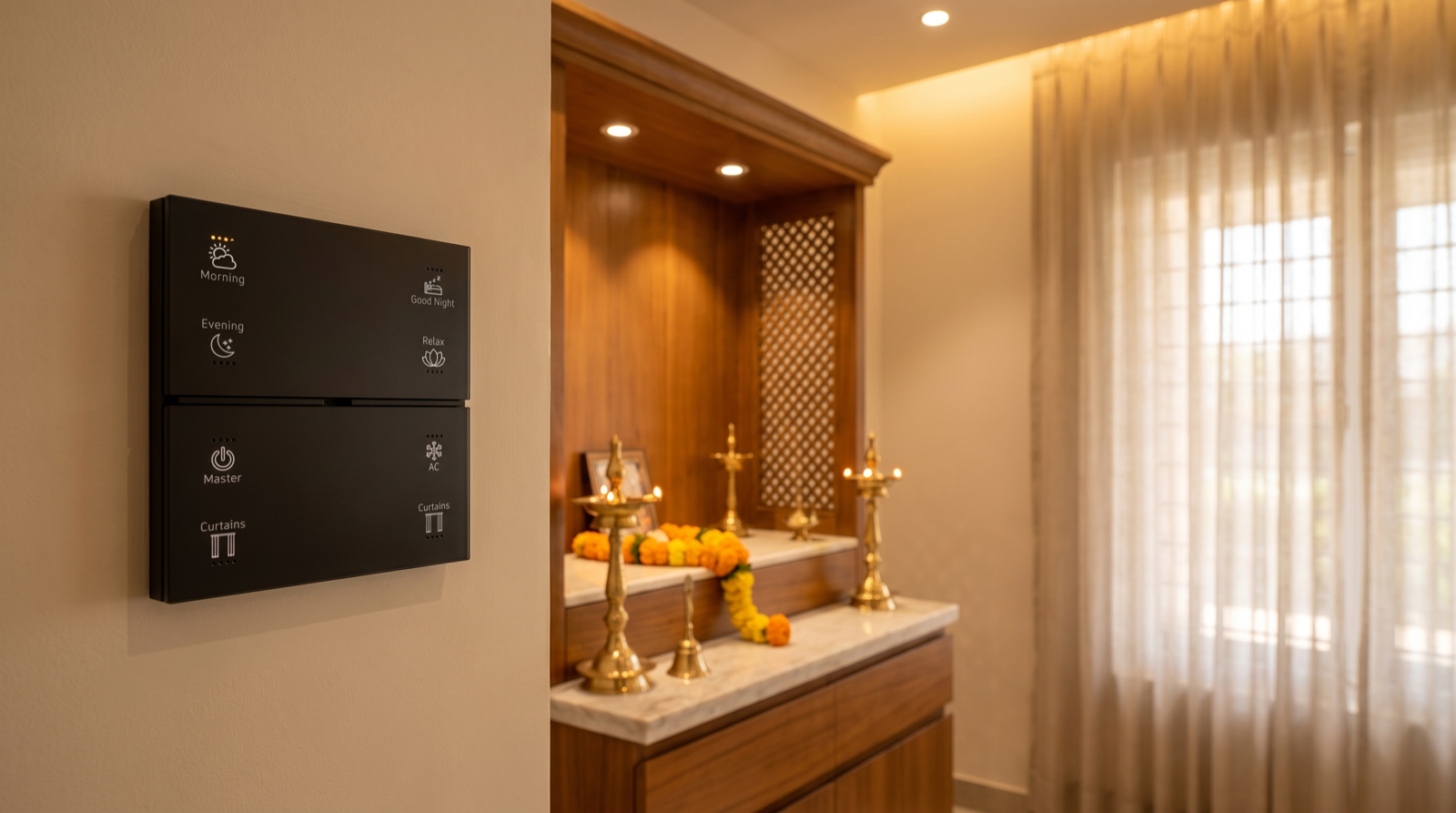 A warmly lit pooja room niche in a premium Hyderabad home with a carved teak mandir, brass diyas and accent lighting, with a Pert Stella matte-black smart keypad mounted on the wall in the foreground