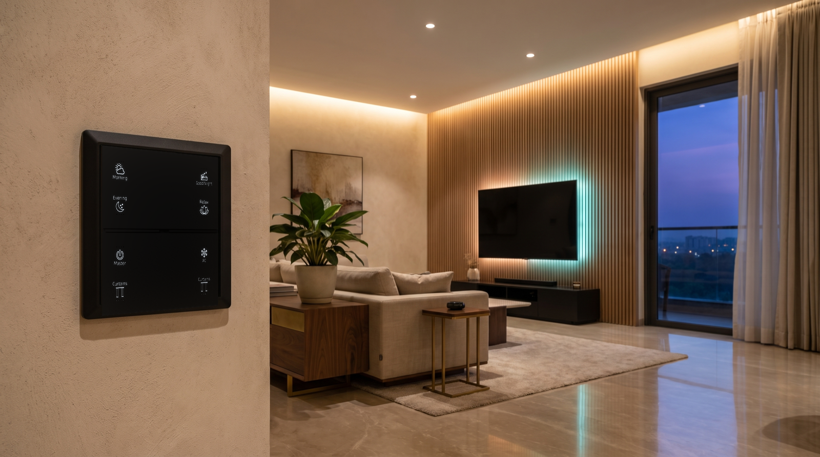 A matte-black Pert Stella square touch keypad with backlit Morning, Good Night, Evening, Relax, Master, AC and Curtains scene buttons on the wall of a premium Hyderabad living room at dusk, with warm 2700K cove lighting, a fluted-wood TV feature wall washed in a soft teal RGBW colour accent and motorised sheer curtains against the evening sky