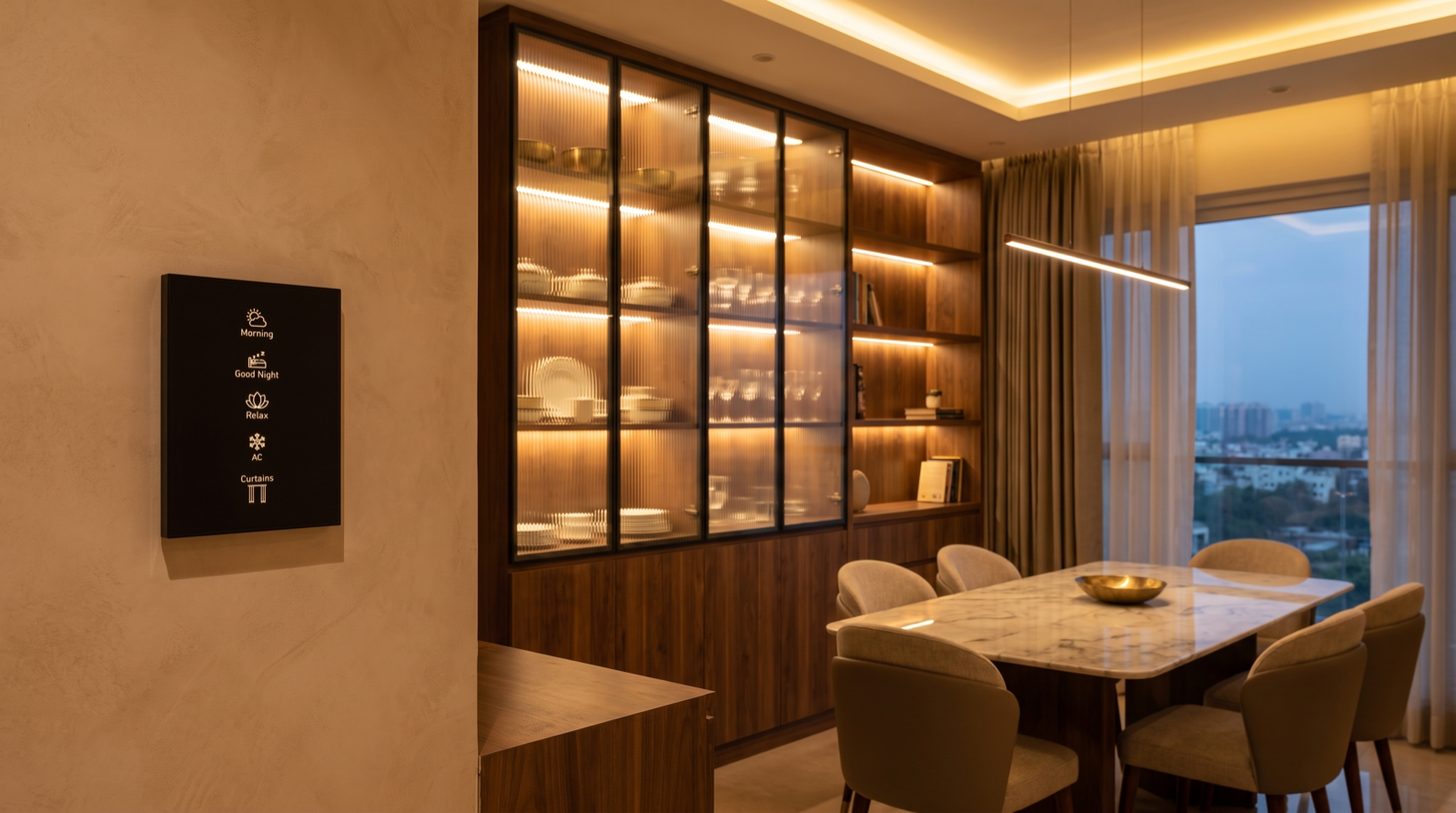 A Pert Stella matte-black square wall keypad with engraved, backlit scene buttons in sharp focus beside a floor-to-ceiling walnut and glass crockery and display cabinet in a premium Hyderabad dining room, its shelves lit by concealed dot-free warm LED profiles, with cove lighting and motorised curtains behind